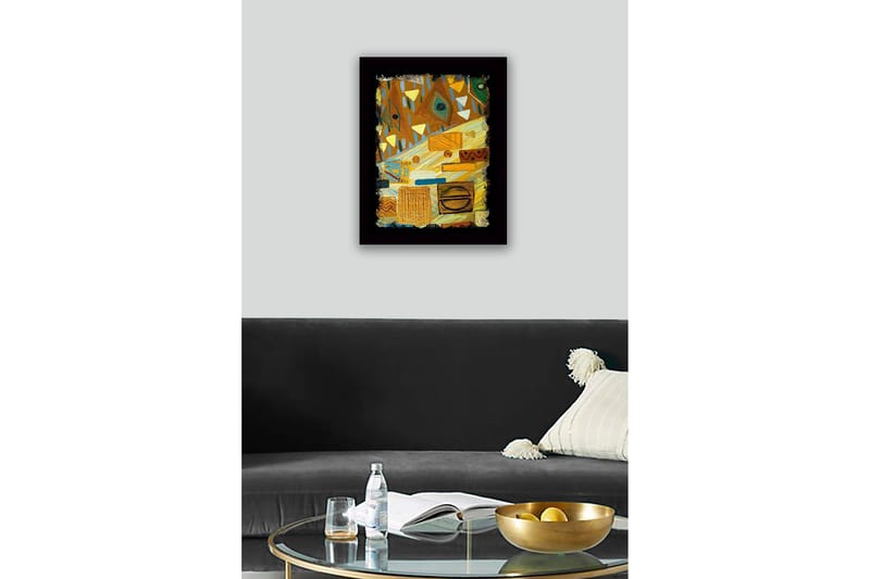 Innrammet lerret i tre - 41x56 cm - Abstrakt komposisjon med geometriske former og mønstre - Gull / Brun / Grønn - Innredning - Bilder & kunst