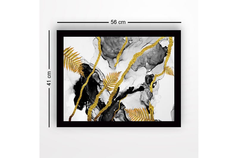 Innrammet lerret i tre - 41x56 cm - Abstrakt komposisjon med gylne bregneblader og svarte elementer - Gull / Svart / Grå - Innredning - Bilder & kunst