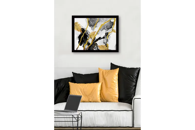 Innrammet lerret i tre - 41x56 cm - Abstrakt komposisjon med gylne bregneblader og svarte elementer - Gull / Svart / Grå - Innredning - Bilder & kunst