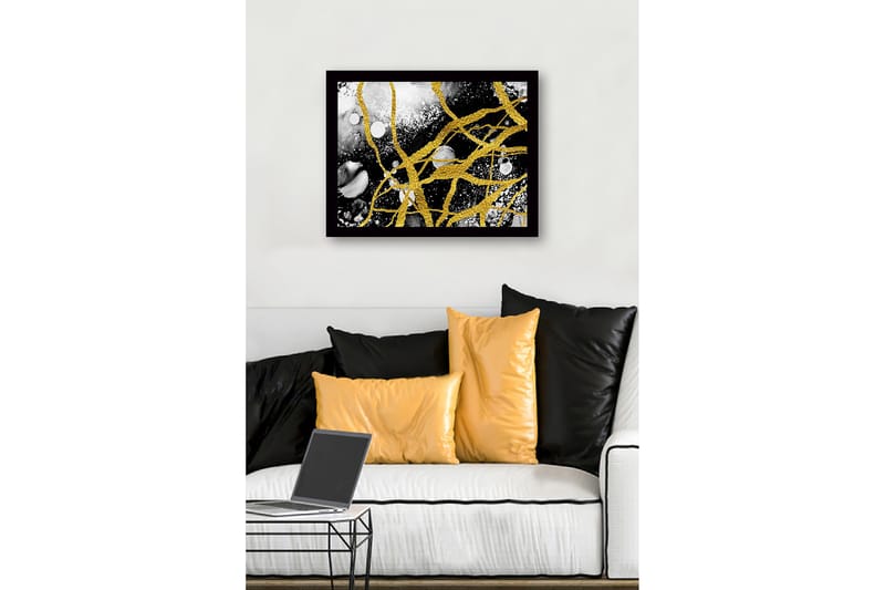 Innrammet lerret i tre - 41x56 cm - Abstrakt komposisjon med gylne linjer og svart-hvite elementer - Gull / Svart / Hvit - Innredning - Bilder & kunst