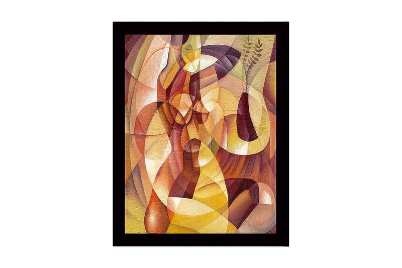 Innrammet lerret i tre - 41x56 cm - Abstrakt komposisjon med organiske former og en vase med planter - Gull / Brun / Terrakotta - Innredning - Bilder & kunst