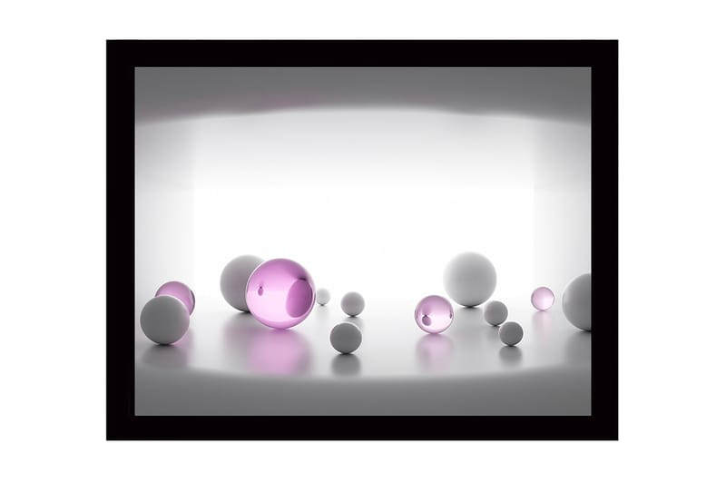 Innrammet lerret i tre - 41x56 cm - Abstrakt komposisjon med sfæriske former i forskjellige størrelser, Hvit / Lilla