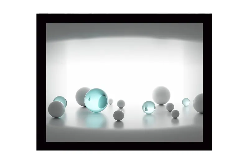 Innrammet lerret i tre - 41x56 cm - Abstrakt komposisjon med sfæriske former i forskjellige størrelser, Hvit / Lys blå