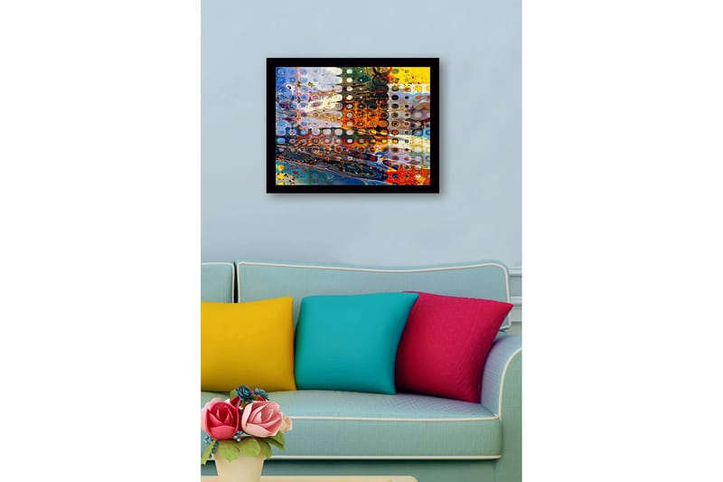 Innrammet lerret i tre - 41x56 cm - Abstrakt komposisjon med sirkulære former og fargerike mønstre - Blå / Oransje / Gul - Innredning - Bilder & kunst
