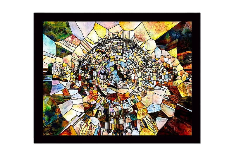 Innrammet lerret i tre - 41x56 cm - Abstrakt komposisjon med sirkulære former og mosaikklignende struktur, Gull / Brun / Blå