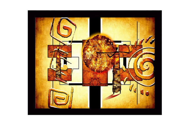 Innrammet lerret i tre - 41x56 cm - Abstrakt komposisjon med solsymbolikk og geometriske former, Gull / Oransje / Brun