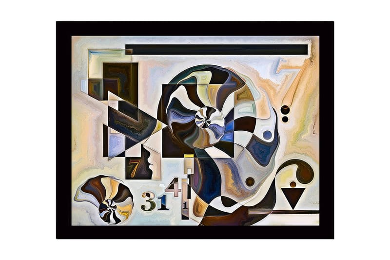 Innrammet lerret i tre - 41x56 cm - Abstrakt komposisjon med spiraler og geometriske former, Svart / Hvit / Brun