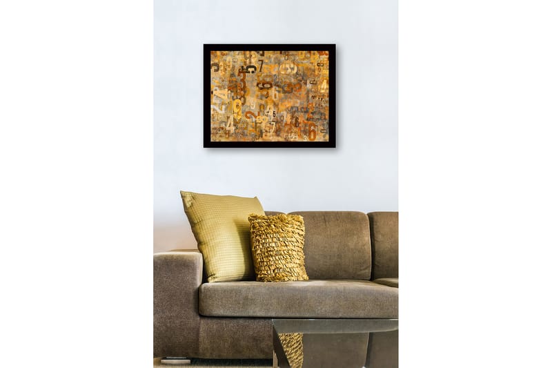 Innrammet lerret i tre - 41x56 cm - Abstrakt komposisjon med tall i forskjellige størrelser - Gull / Brun / Beige - Innredning - Bilder & kunst