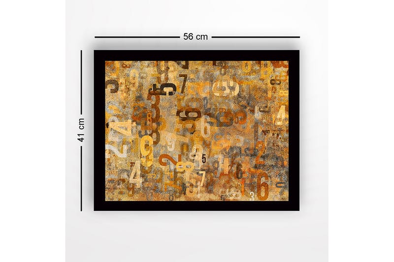Innrammet lerret i tre - 41x56 cm - Abstrakt komposisjon med tall i forskjellige størrelser - Gull / Brun / Beige - Innredning - Bilder & kunst