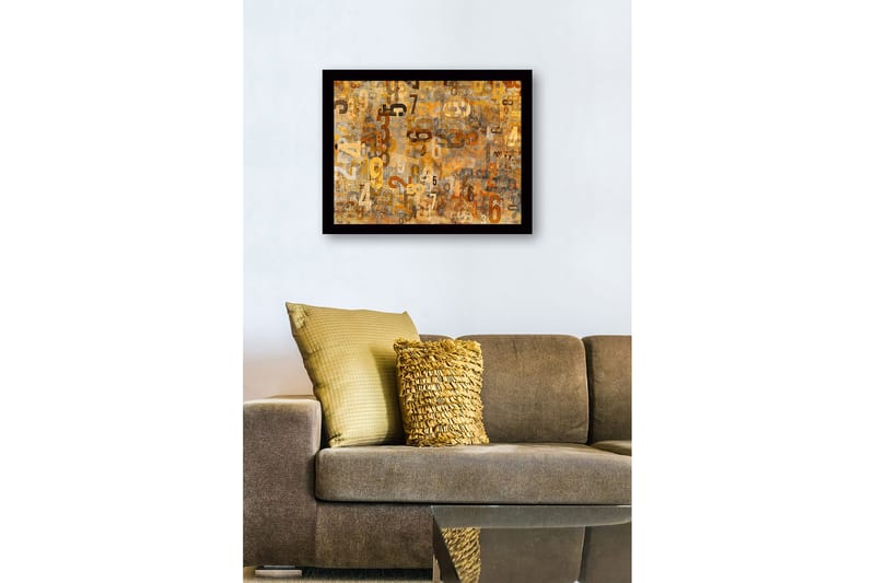 Innrammet lerret i tre - 41x56 cm - Abstrakt komposisjon med tall i forskjellige størrelser - Gull / Brun / Beige - Innredning - Bilder & kunst