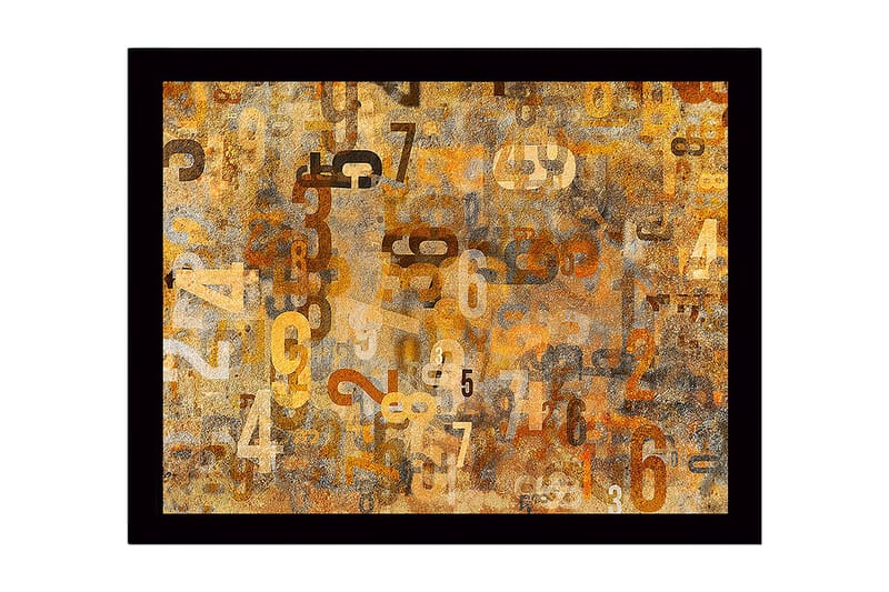 Innrammet lerret i tre - 41x56 cm - Abstrakt komposisjon med tall i forskjellige størrelser, Gull / Brun / Beige