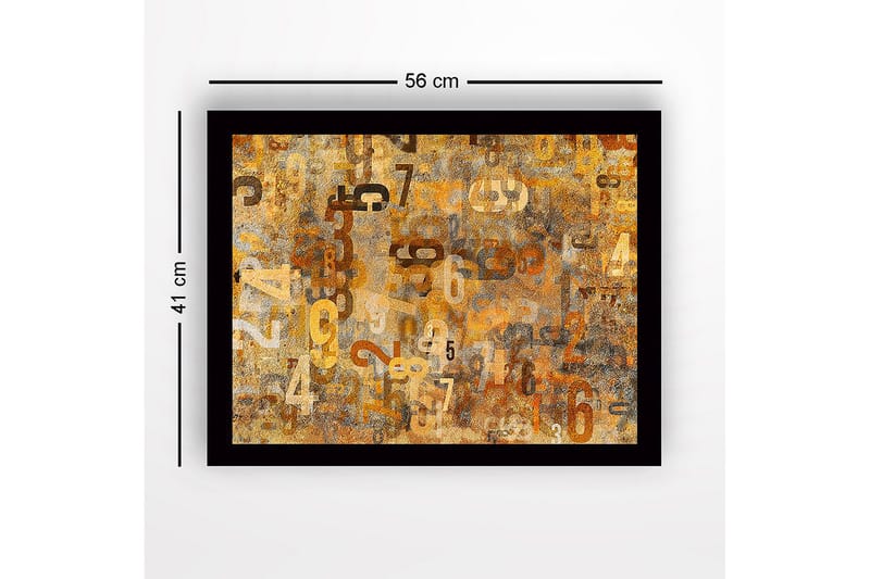Innrammet lerret i tre - 41x56 cm - Abstrakt komposisjon med tall i forskjellige størrelser - Gull / Brun / Beige - Innredning - Bilder & kunst