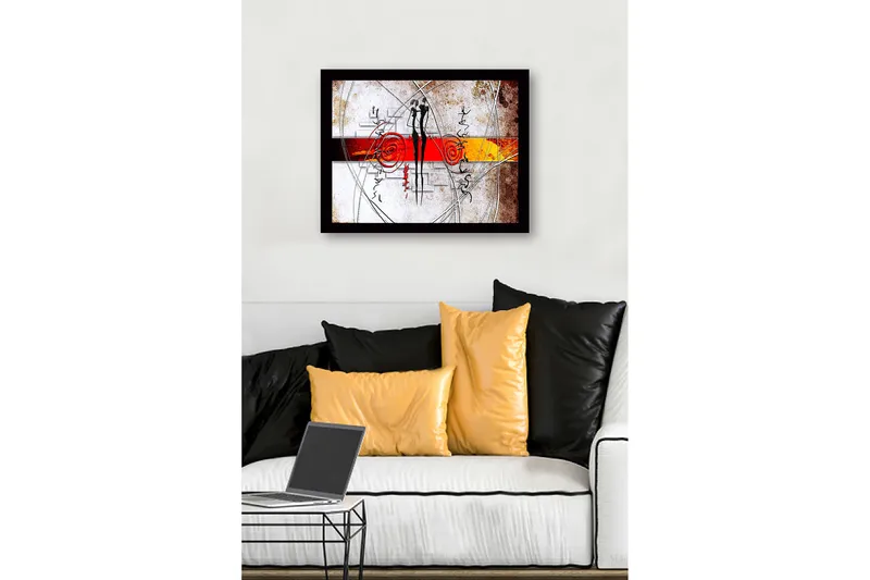 Innrammet lerret i tre - 41x56 cm - Abstrakt komposisjon med to stiliserte figurer i samspill - Rød / Svart / Oransje - Innredning - Bilder & kunst