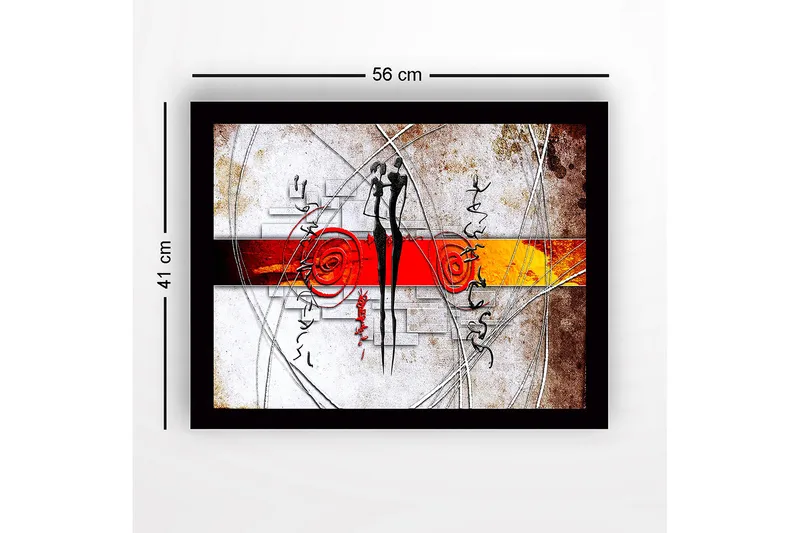 Innrammet lerret i tre - 41x56 cm - Abstrakt komposisjon med to stiliserte figurer i samspill - Rød / Svart / Oransje - Innredning - Bilder & kunst