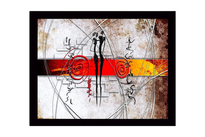 Innrammet lerret i tre - 41x56 cm - Abstrakt komposisjon med to stiliserte figurer i samspill, Rød / Svart / Oransje