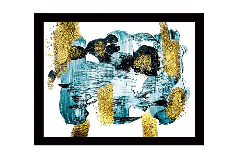 Innrammet lerret i tre - 41x56 cm - Abstrakt komposisjon med turkise og gylne elementer, Turkis / Gull
