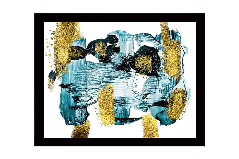 Innrammet lerret i tre - 41x56 cm - Abstrakt komposisjon med turkise og gylne elementer, Turkis / Gull