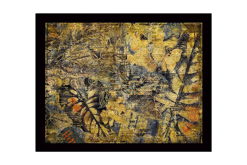 Innrammet lerret i tre - 41x56 cm - Abstrakt komposisjon med plantemotiver og teksturer, Gull / Mørk blå / Oransje