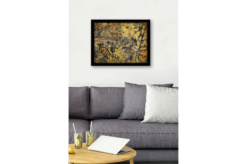 Innrammet lerret i tre - 41x56 cm - Abstrakt komposisjon med plantemotiver og teksturer - Gull / Mørk blå / Oransje - Innredning - Bilder & kunst