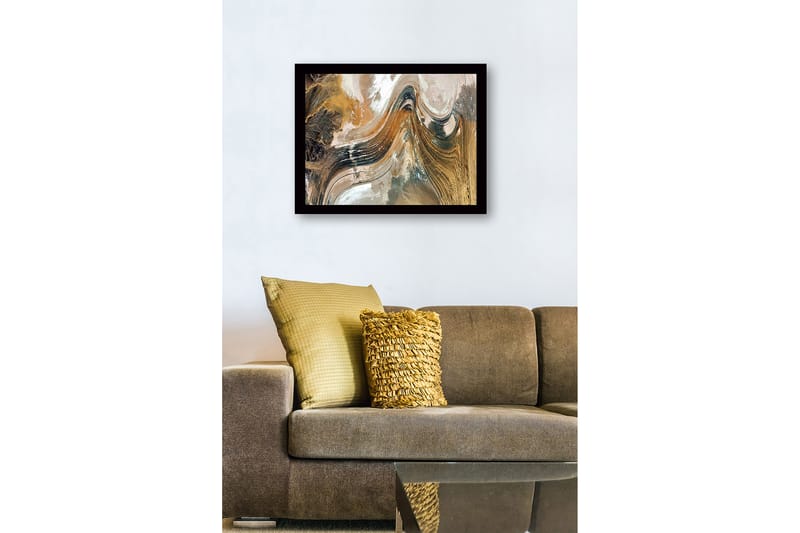 Innrammet lerret i tre - 41x56 cm - Abstrakt landskap med feiende linjer og jordfarger - Gull / Brun / Svart - Innredning - Bilder & kunst