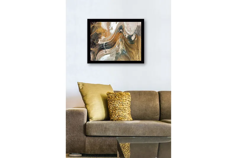 Innrammet lerret i tre - 41x56 cm - Abstrakt landskap med feiende linjer og jordfarger - Gull / Brun / Svart - Innredning - Bilder & kunst