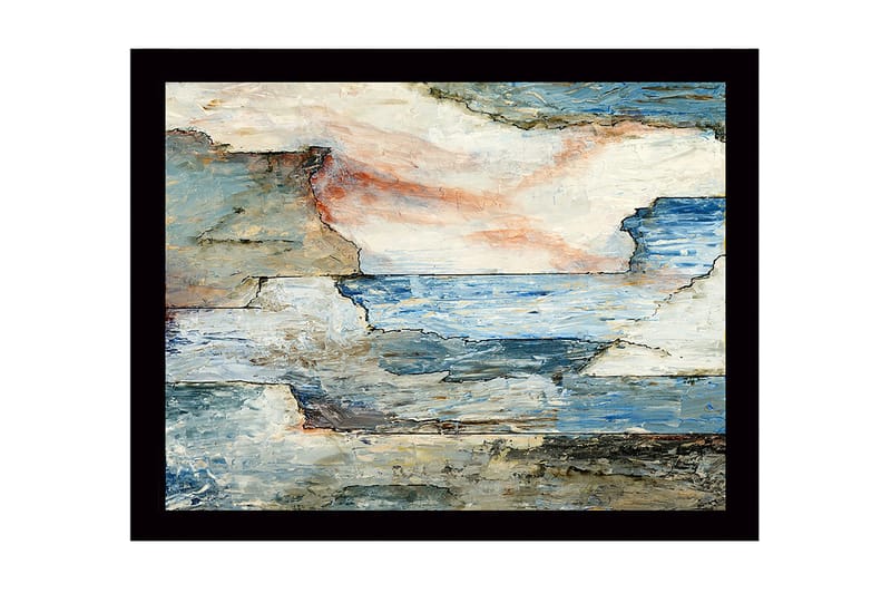 Innrammet lerret i tre - 41x56 cm - Abstrakt landskap med hav og steiner, Blå / Grå / Beige