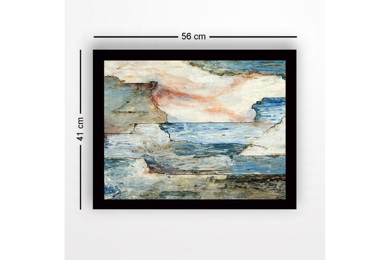 Innrammet lerret i tre - 41x56 cm - Abstrakt landskap med hav og steiner - Blå / Grå / Beige - Innredning - Bilder & kunst