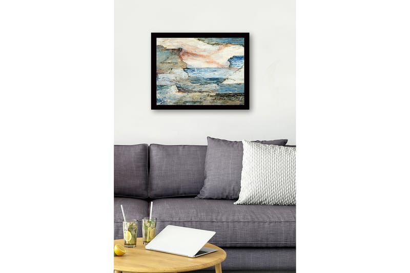Innrammet lerret i tre - 41x56 cm - Abstrakt landskap med hav og steiner - Blå / Grå / Beige - Innredning - Bilder & kunst