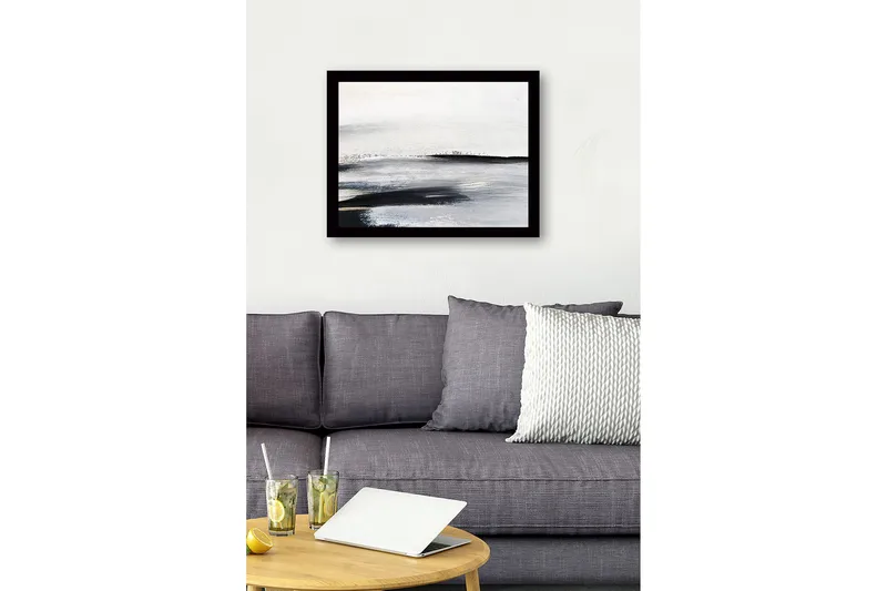 Innrammet lerret i tre - 41x56 cm - Abstrakt landskap med myke, sveipende linjer - Hvit / Svart / Grå - Innredning - Bilder & kunst