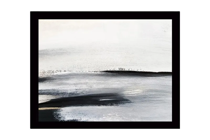 Innrammet lerret i tre - 41x56 cm - Abstrakt landskap med myke, sveipende linjer, Hvit / Svart / Grå