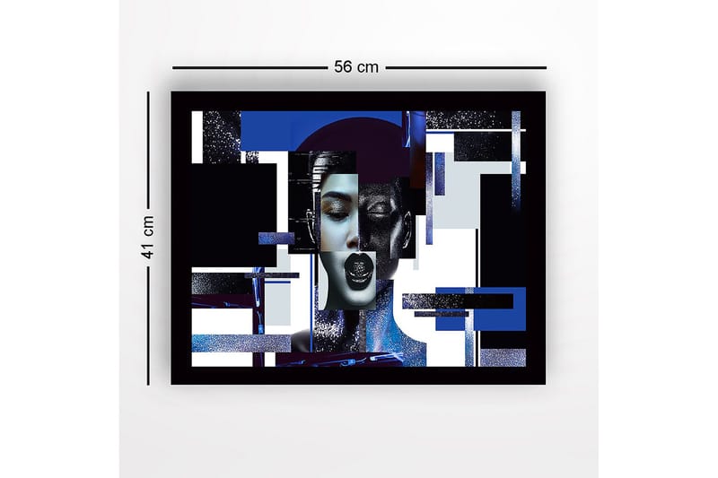 Innrammet lerret i tre - 41x56 cm - Abstrakt portrett av en kvinne med geometriske former og sterke kontraster - Mørk blå / Svart / Hvit - Innredning - Bilder & kunst