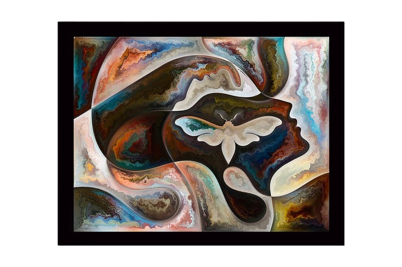 Innrammet lerret i tre - 41x56 cm - Abstrakt portrett med en sommerfugl i fokus, Mørk brun / Beige / Turkis