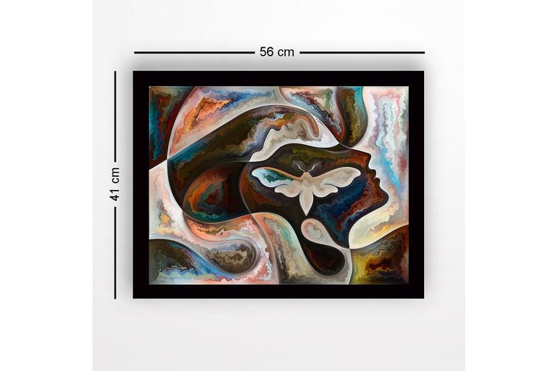 Innrammet lerret i tre - 41x56 cm - Abstrakt portrett med en sommerfugl i fokus - Mørk brun / Beige / Turkis - Innredning - Bilder & kunst