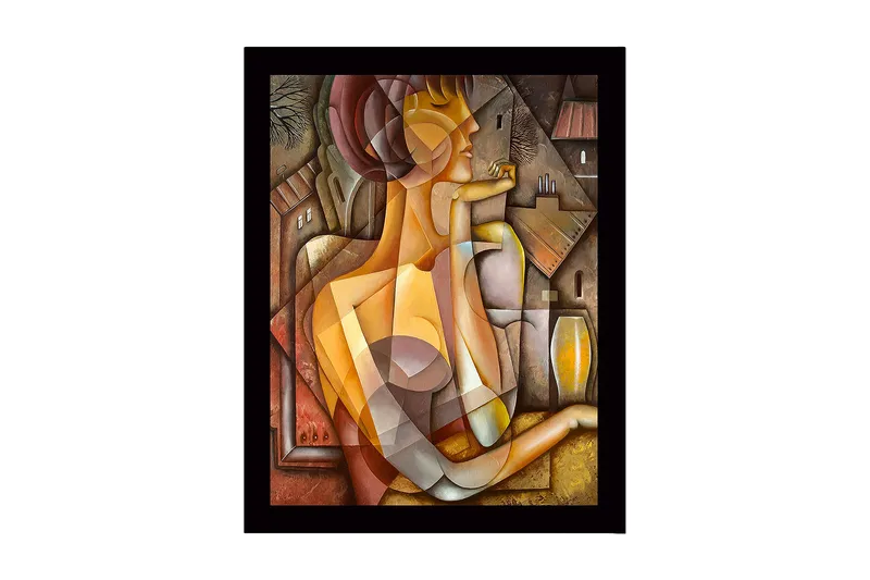 Innrammet lerret i tre - 41x56 cm - Abstrakt portrett av en kvinne med geometriske former, Gull / Brun / Beige