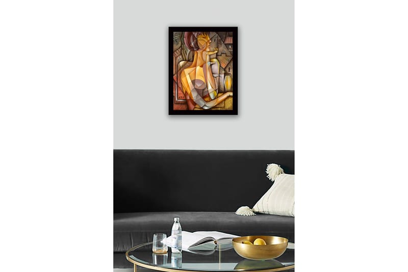 Innrammet lerret i tre - 41x56 cm - Abstrakt portrett av en kvinne med geometriske former - Gull / Brun / Beige - Innredning - Bilder & kunst