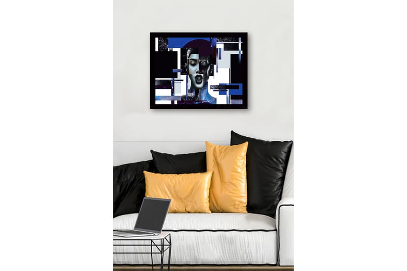 Innrammet lerret i tre - 41x56 cm - Abstrakt portrett av en kvinne med geometriske former og sterke kontraster - Mørk blå / Svart / Hvit - Innredning - Bilder & kunst