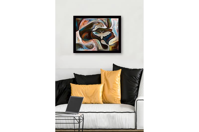 Innrammet lerret i tre - 41x56 cm - Abstrakt portrett med en sommerfugl i fokus - Mørk brun / Beige / Turkis - Innredning - Bilder & kunst