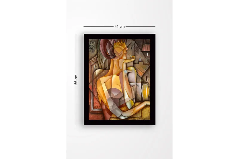 Innrammet lerret i tre - 41x56 cm - Abstrakt portrett av en kvinne med geometriske former - Gull / Brun / Beige - Innredning - Bilder & kunst