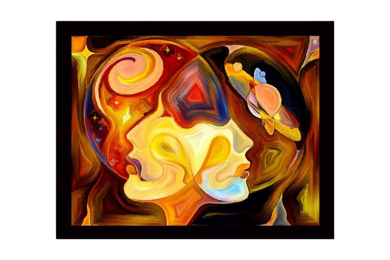 Innrammet lerret i tre - 41x56 cm - Abstrakt portrett av to ansikter med kosmiske elementer, Gull / Oransje / Brun