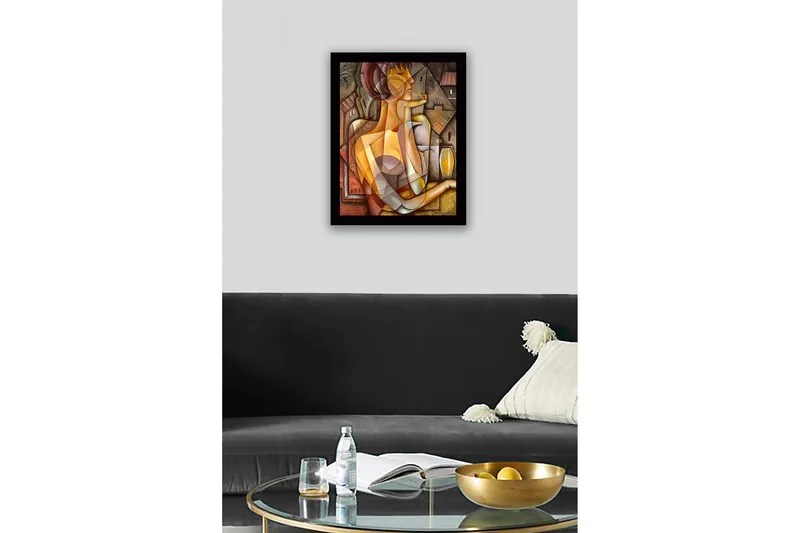 Innrammet lerret i tre - 41x56 cm - Abstrakt portrett av en kvinne med geometriske former - Gull / Brun / Beige - Innredning - Bilder & kunst