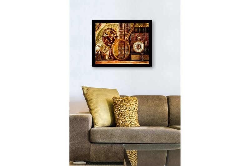 Innrammet lerret i tre - 41x56 cm - Antikk samling av navigasjonsinstrumenter og bøker - Gull / Brun / Svart - Innredning - Bilder & kunst