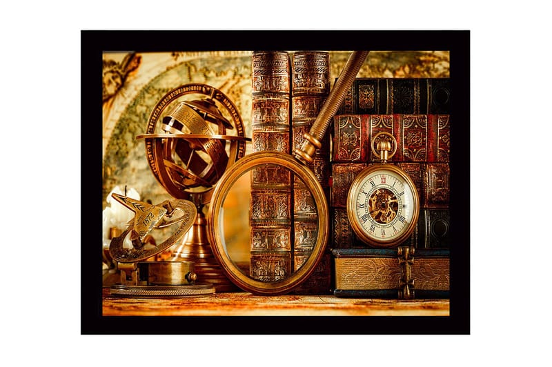 Innrammet lerret i tre - 41x56 cm - Antikk samling av navigasjonsinstrumenter og bøker - Gull / Brun / Svart - Innredning - Bilder & kunst