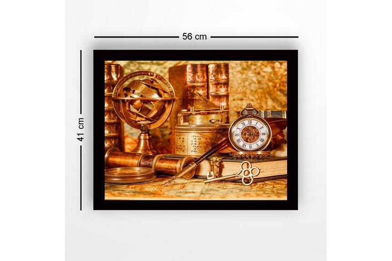 Innrammet lerret i tre - 41x56 cm - Antikk samling av navigasjonsverktøy og klokker - Kobber / Gull / Brun - Innredning - Bilder & kunst