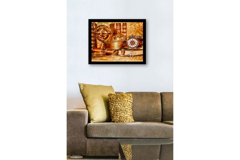 Innrammet lerret i tre - 41x56 cm - Antikk samling av navigasjonsverktøy og klokker - Kobber / Gull / Brun - Innredning - Bilder & kunst