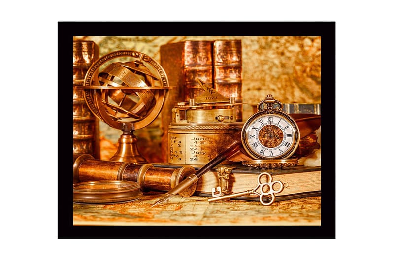 Innrammet lerret i tre - 41x56 cm - Antikk samling av navigasjonsverktøy og klokker - Kobber / Gull / Brun - Innredning - Bilder & kunst