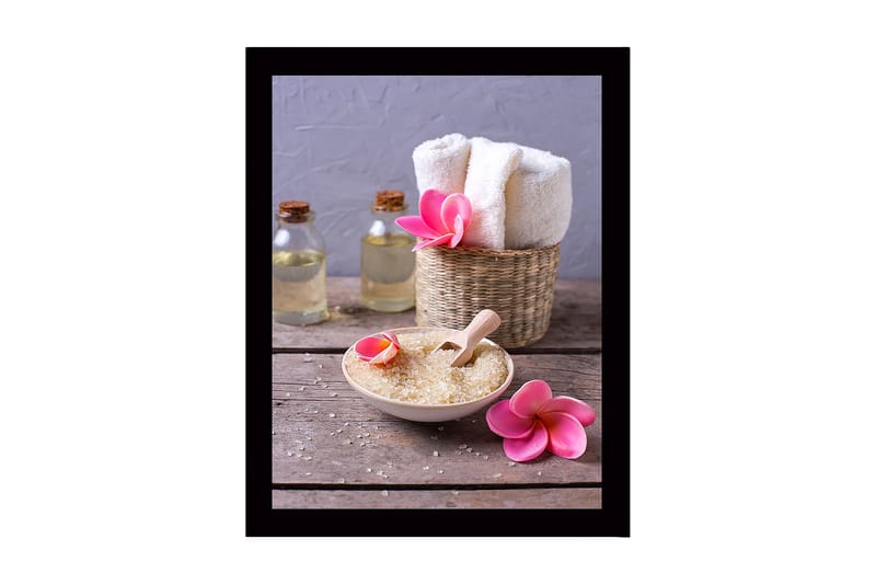 Innrammet lerret i tre - 41x56 cm - Avslappende spa-arrangement med blomster og skjønnhetsprodukter, Rosa / Beige / Grønn