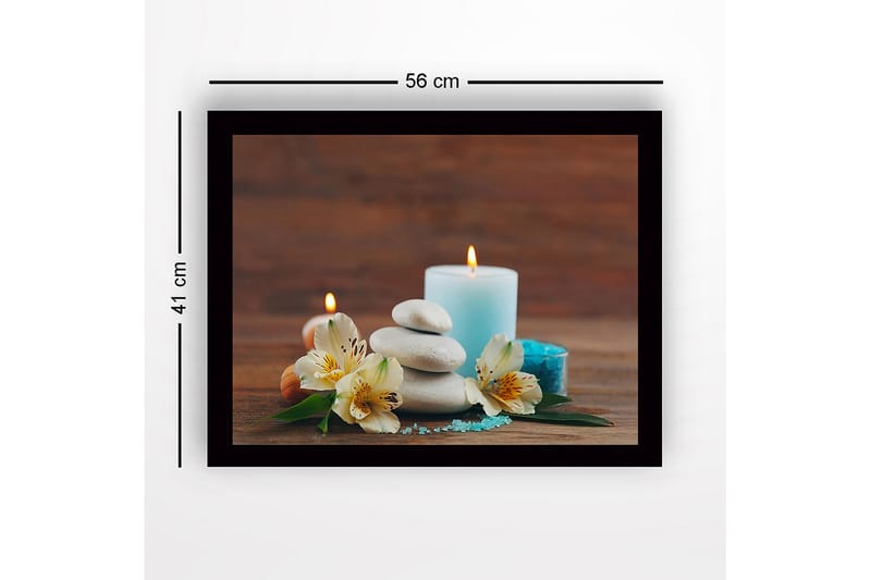 Innrammet lerret i tre - 41x56 cm - Avslappende stillhet med steiner, blomster og stearinlys - Lys blå / Hvit / Grønn - Innredning - Bilder & kunst