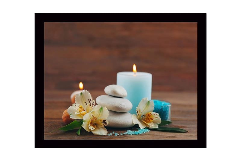 Innrammet lerret i tre - 41x56 cm - Avslappende stillhet med steiner, blomster og stearinlys - Lys blå / Hvit / Grønn - Innredning - Bilder & kunst