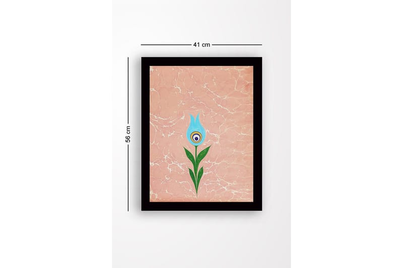 Innrammet lerret i tre - 41x56 cm - Blomst med blå kronblader og grønn stilk - Blå / Grønn / Rosa - Innredning - Bilder & kunst