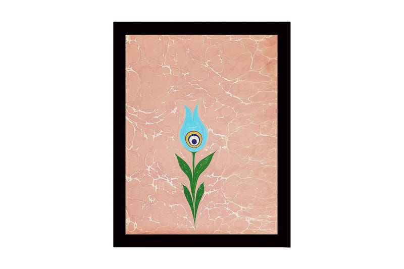 Innrammet lerret i tre - 41x56 cm - Blomst med blå kronblader og grønn stilk, Blå / Grønn / Rosa